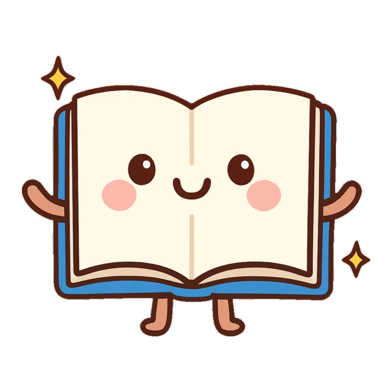 Cute book clipart of a smiling open book with rosy cheeks and little arms