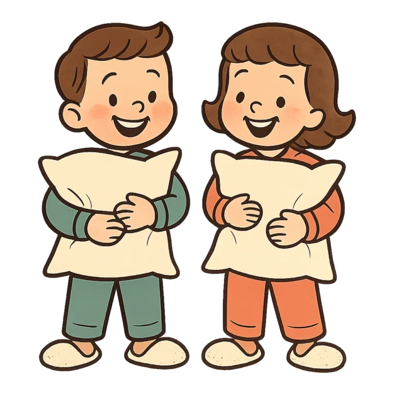 Pajama day clipart of two kids in pajamas hugging pillows in retro colors
