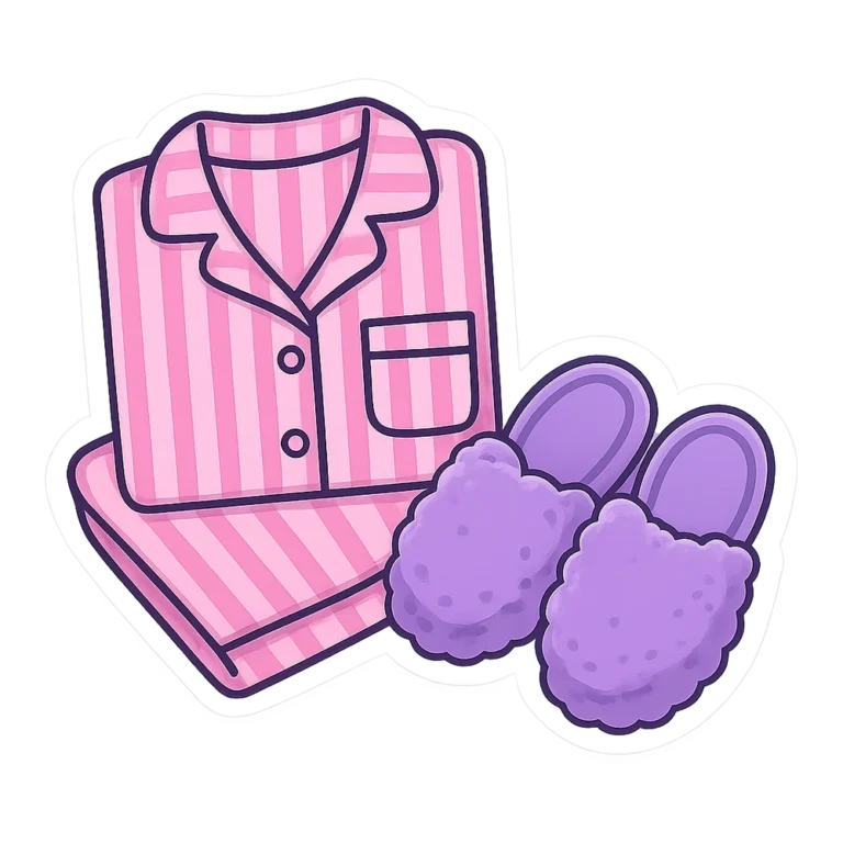 Pajama clipart sticker of a folded striped pajama set with fuzzy slippers