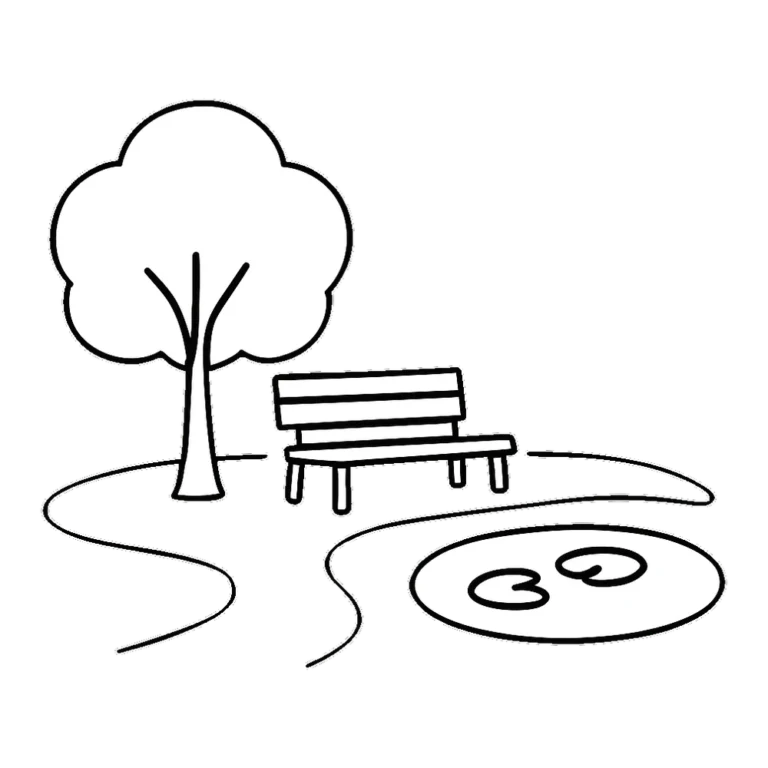 Park clipart black and white outline of a tree, a bench, a path and a small pond