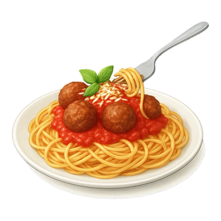 Realistic pasta clipart of a dinner plate of spaghetti and meatballs with basil