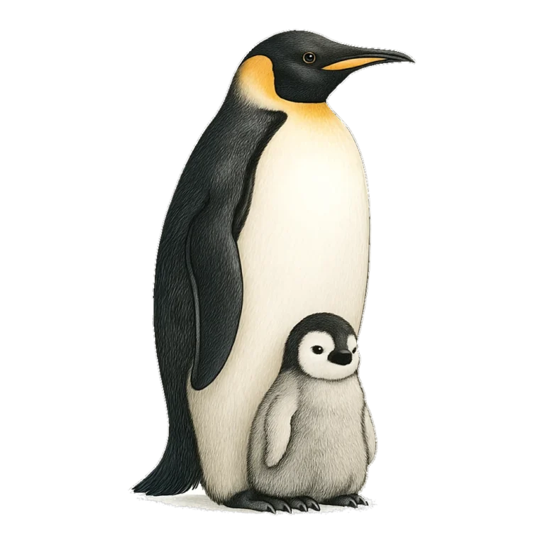 Emperor penguin clipart of an adult emperor penguin with a chick resting on its feet