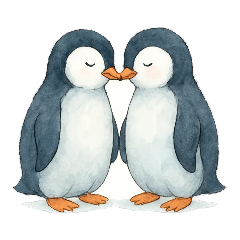 Penguins clipart in watercolor of two penguins standing close and touching beaks