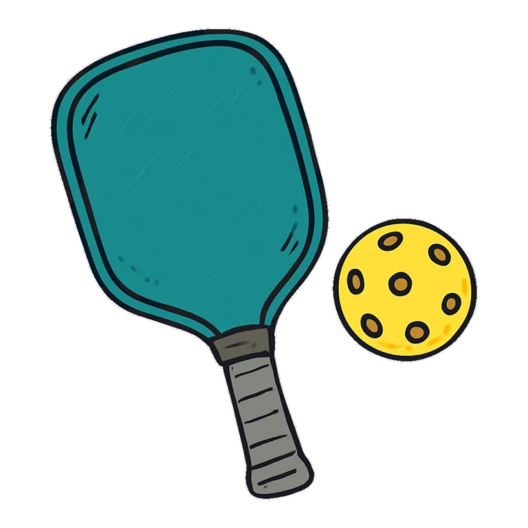 Pickleball clipart doodle of a teal paddle and a holey yellow ball