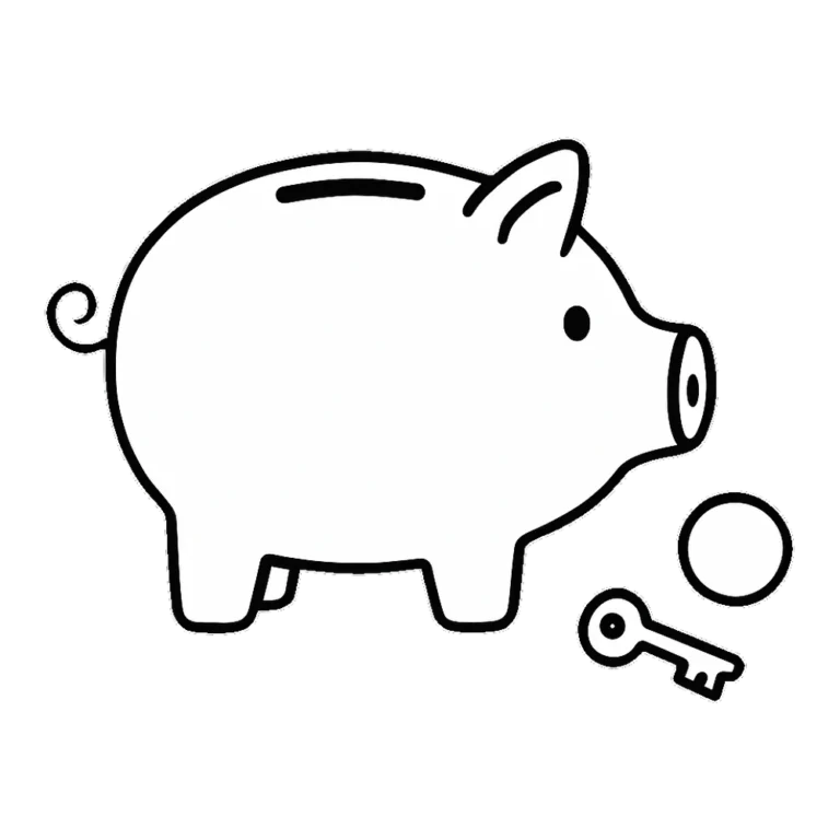 Piggy bank clip art outline in black and white with a coin and a key