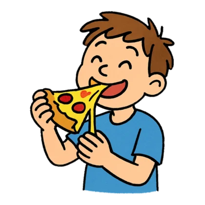 Eating pizza clipart of a cartoon boy taking a big bite of a cheesy slice