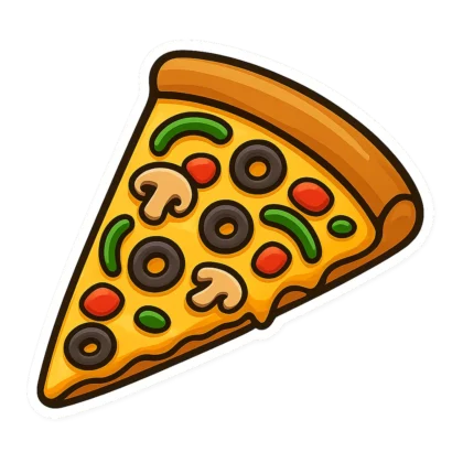 Pizza slice clipart sticker of a veggie slice with peppers, olives and mushrooms