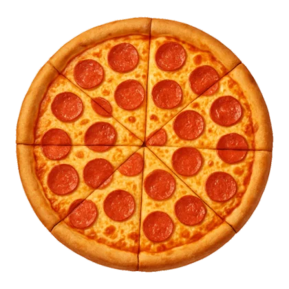 Pepperoni pizza clipart of a realistic whole pie cut into eight slices