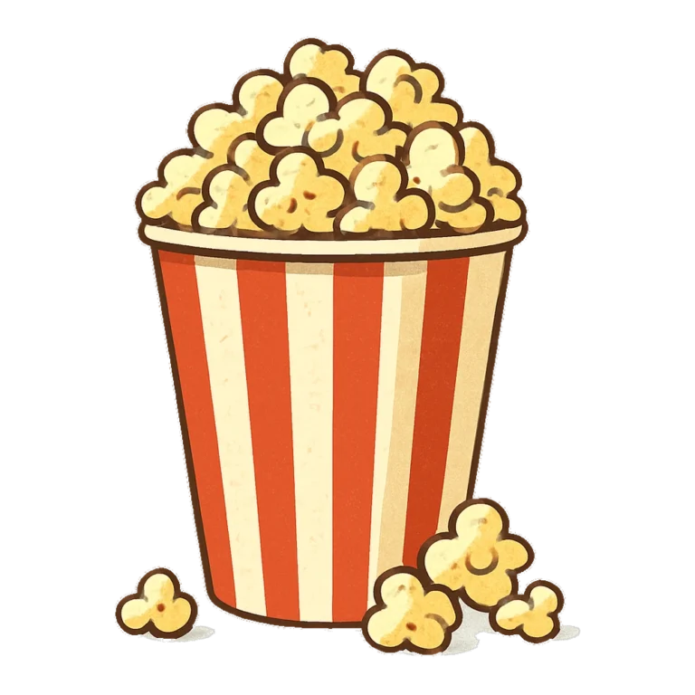 Retro popcorn clipart of a red and white striped bucket overflowing with popcorn