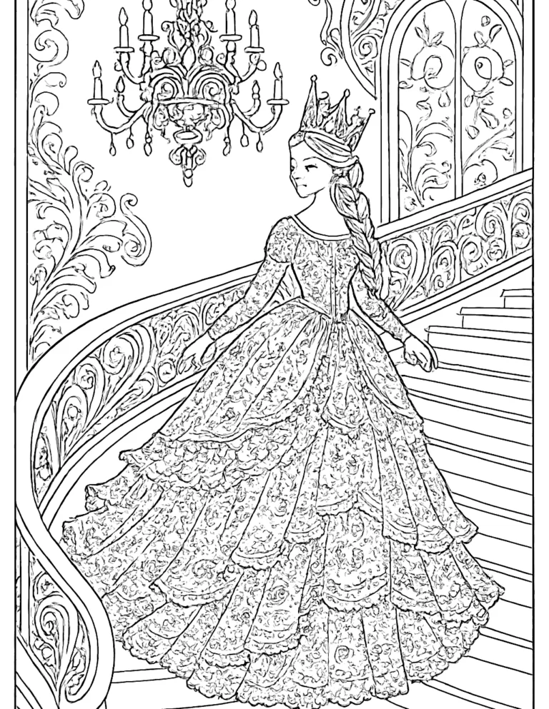 Detailed princess coloring page of a princess in a lace ballgown on a grand staircase
