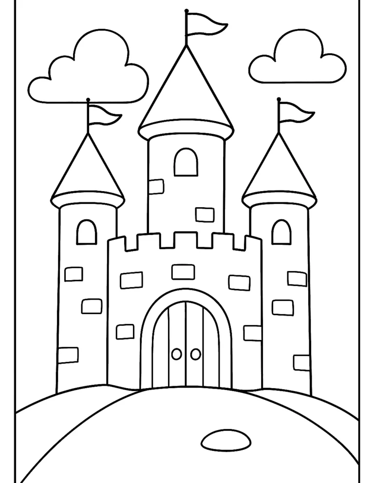 Easy princess castle coloring page with round towers, flags and a big door