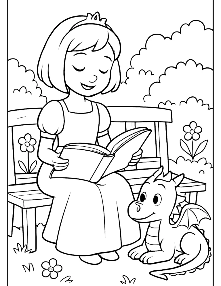 Princess coloring page of a princess reading a book to a friendly dragon in a garden