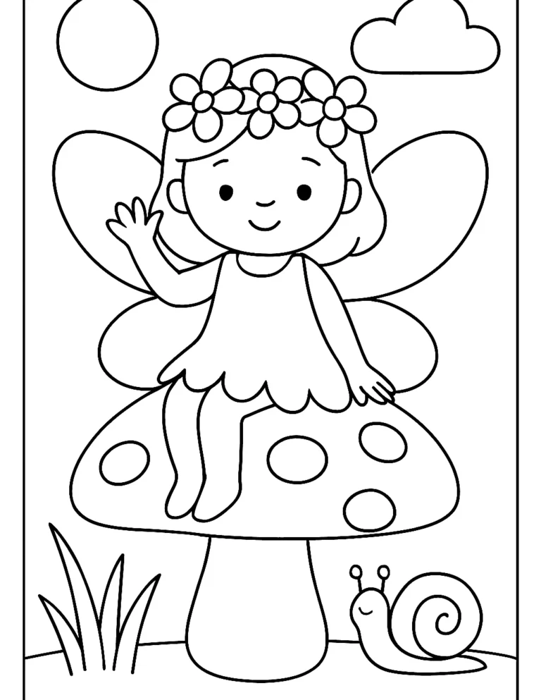 Cute fairy coloring page of a smiling fairy sitting on a spotted mushroom