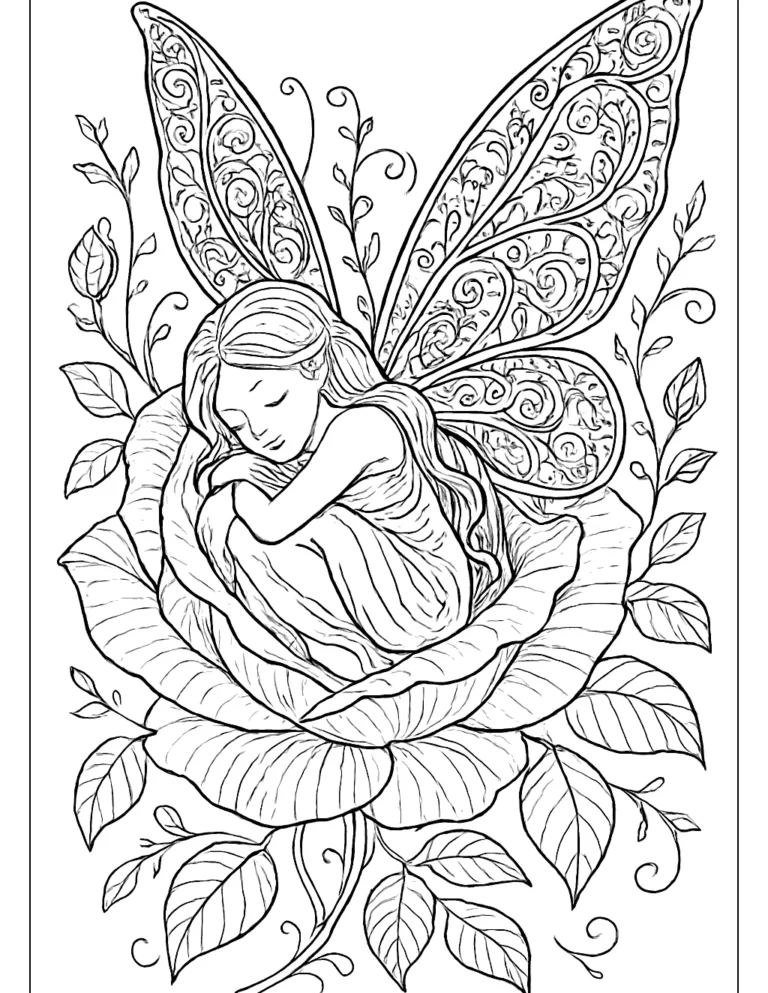 Fairy coloring page for adults of a fairy resting in a rose with patterned wings