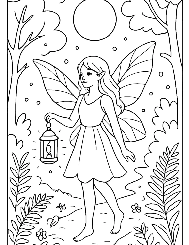 Fairy coloring page printable of a fairy holding a lantern among fireflies and ferns