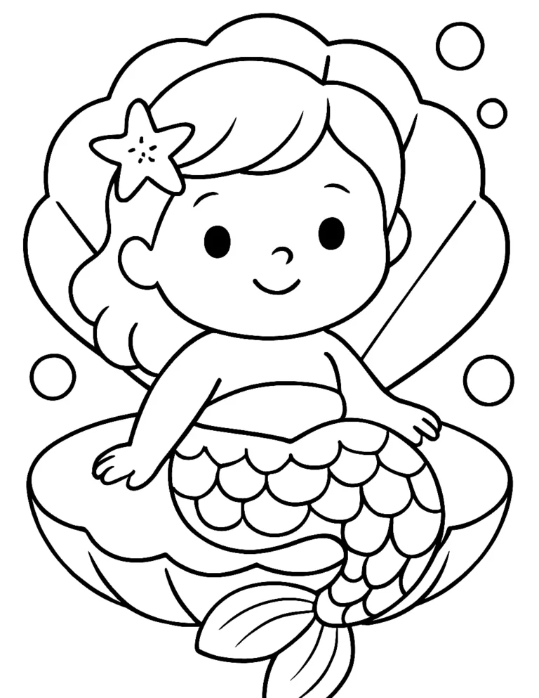 Baby mermaid coloring page of a cute little mermaid sitting in a big clam shell