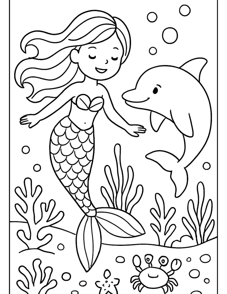 Cute mermaid coloring page of a mermaid swimming with a dolphin over a coral reef