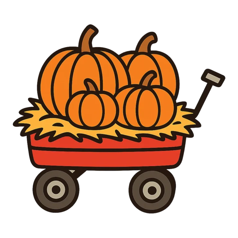 Pumpkin patch clipart of a red wagon loaded with orange pumpkins and hay