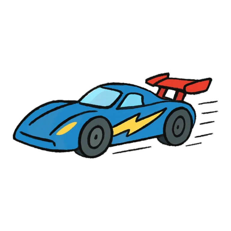 Race car clipart doodle of a low blue racer with a lightning stripe and spoiler