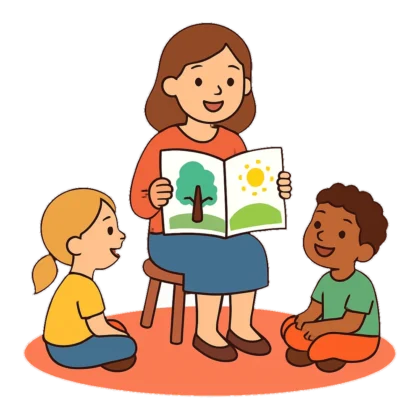Read aloud clipart of a teacher showing a picture book to two kids on a rug