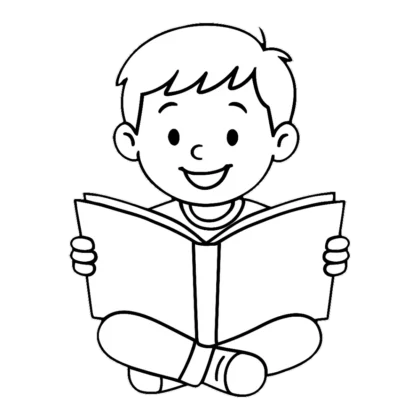 Reading clipart black and white outline of a child sitting and holding an open book