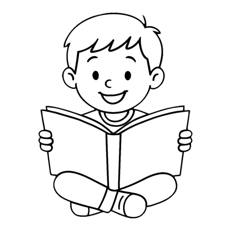 Reading clipart black and white outline of a child sitting and holding an open book