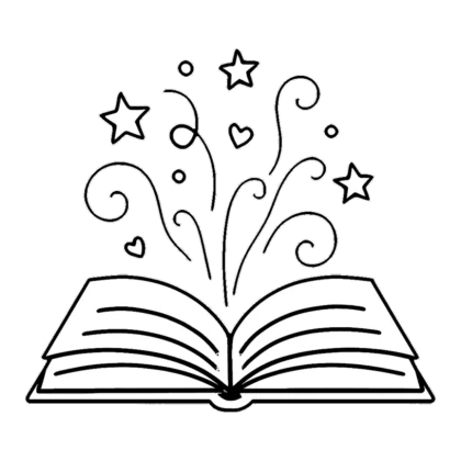 Reading open book clipart in outline with stars and swirls rising from the pages