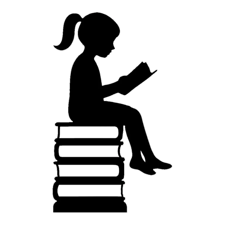 Reading clip art silhouette of a girl sitting on a stack of books and reading