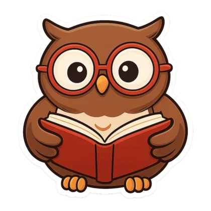 Read clipart sticker of a brown owl with round glasses reading an open book