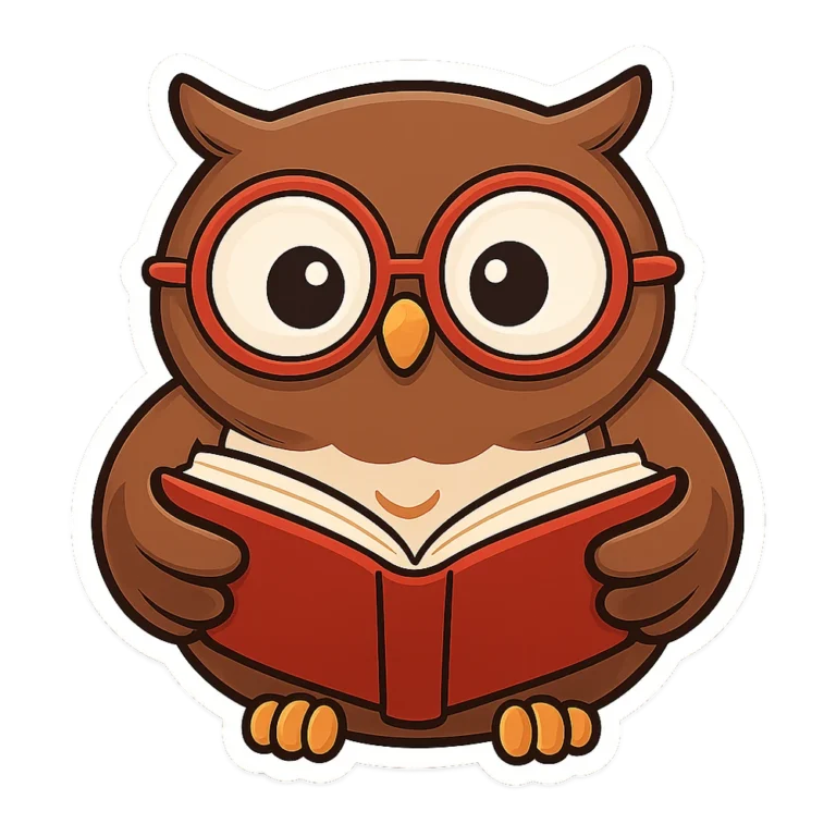 Read clipart sticker of a brown owl with round glasses reading an open book