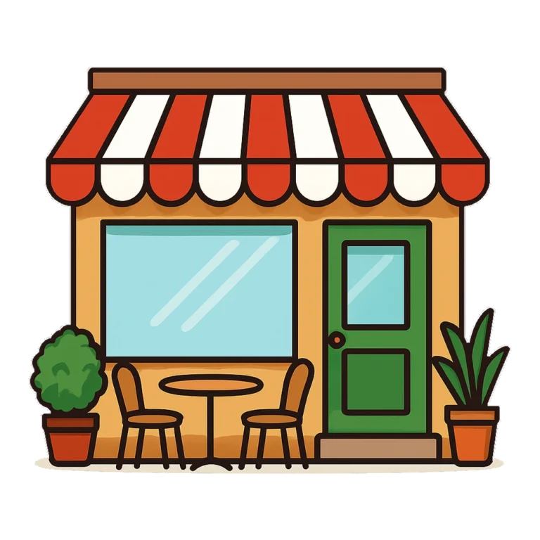 Restaurant clipart of a small cafe storefront with a striped awning and outdoor table