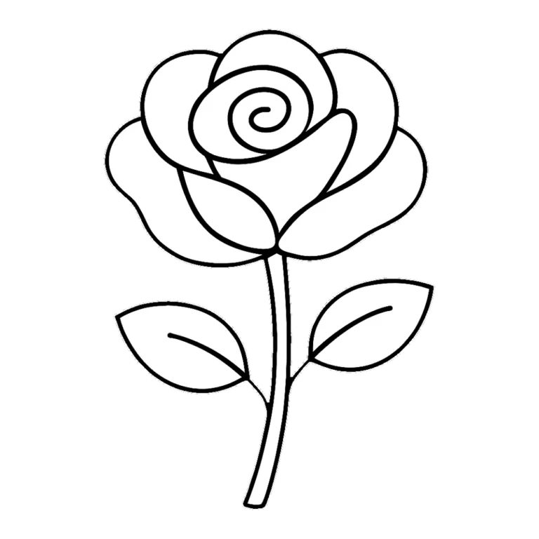 Easy rose outline clipart of a simple bloom with big petals and two leaves