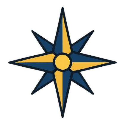 Compass rose clipart with four main points in blue and gold flat colors