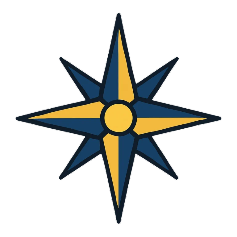Compass rose clipart with four main points in blue and gold flat colors