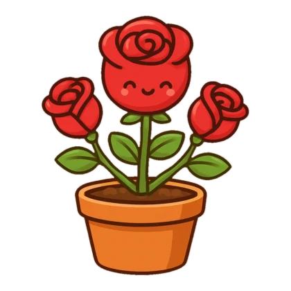 Cute rose plant clipart in a terracotta pot with a smiling red bloom