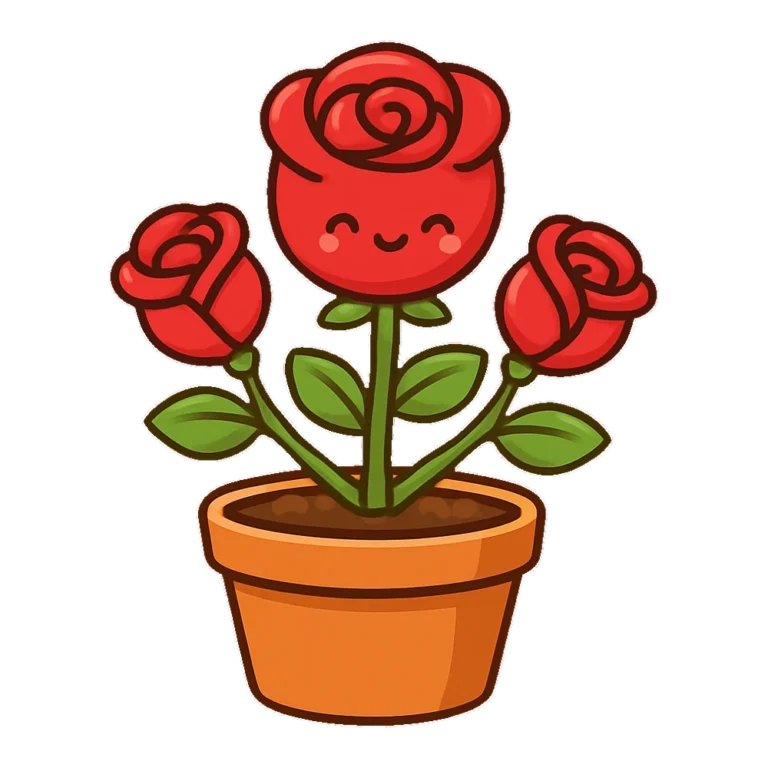 Cute rose plant clipart in a terracotta pot with a smiling red bloom