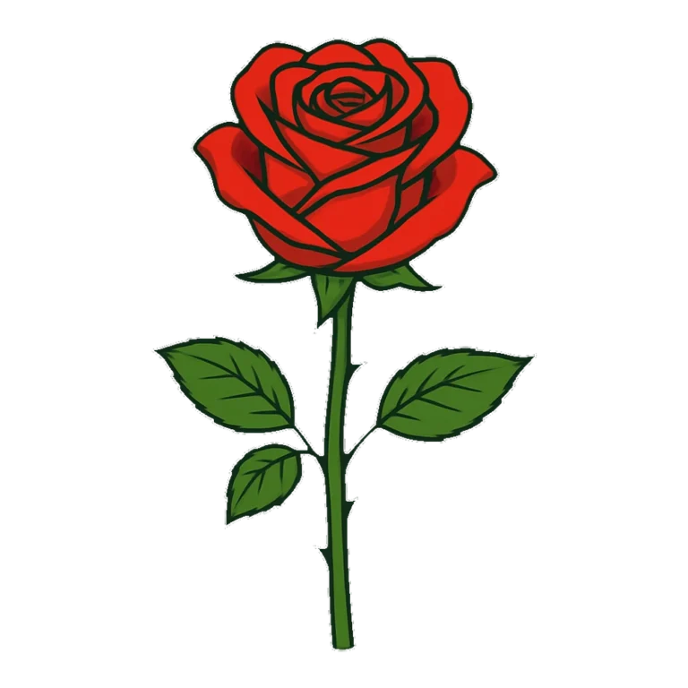 Red rose clipart of one long stem rose with two leaves and a few thorns