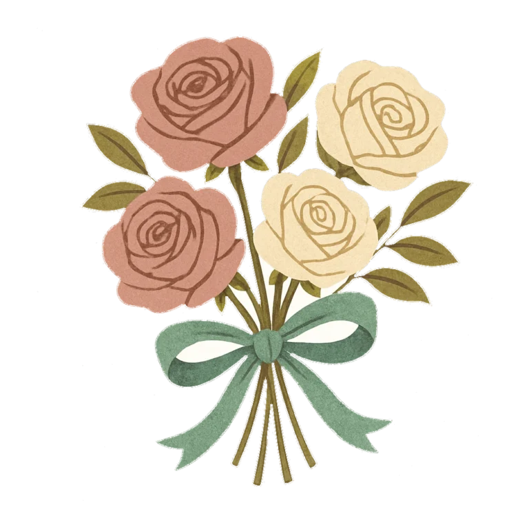 Vintage rose clipart of an old fashioned bouquet of muted roses with a ribbon