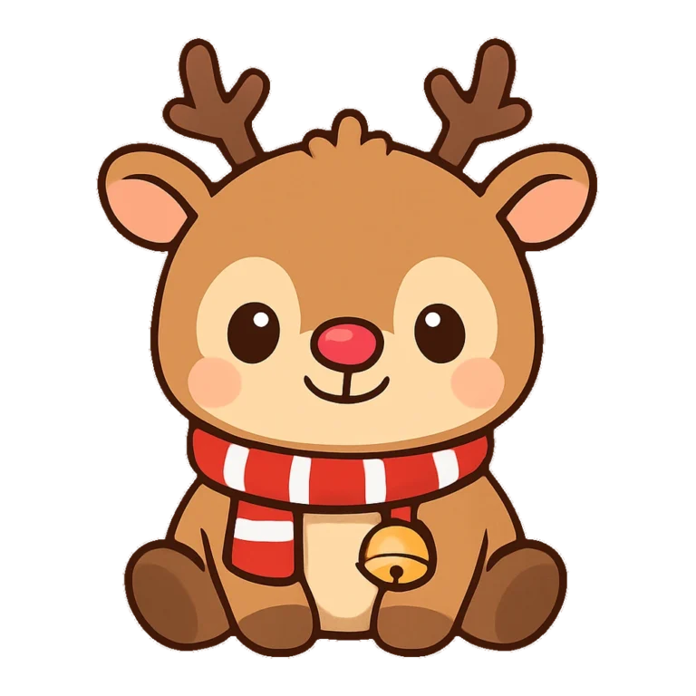 Cute reindeer clipart of a smiling baby reindeer with a red scarf and bell
