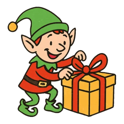 Elf clipart doodle of a smiling elf wrapping a present with a green bow