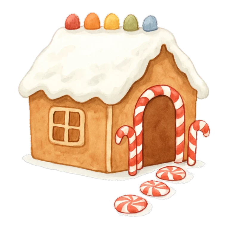Gingerbread house clipart in watercolor with a frosted roof and gumdrops