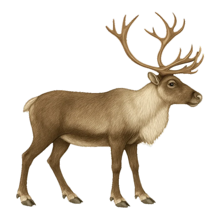 Realistic reindeer clip art of a standing caribou with wide antlers and a thick coat