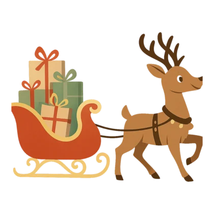 Santa sleigh clipart in retro style with one reindeer pulling a sleigh of gifts