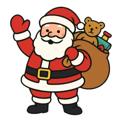 Santa clipart of a jolly Santa Claus waving with a big sack of toys