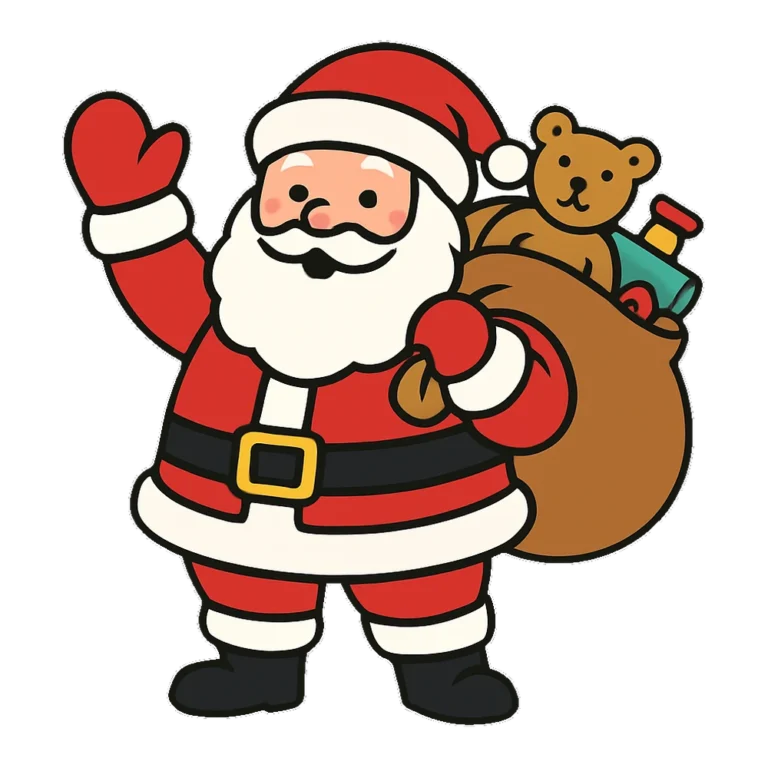 Santa clipart of a jolly Santa Claus waving with a big sack of toys