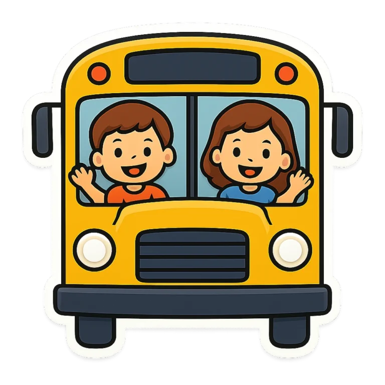 School bus clip art sticker of a bus front view with two kids waving from windows