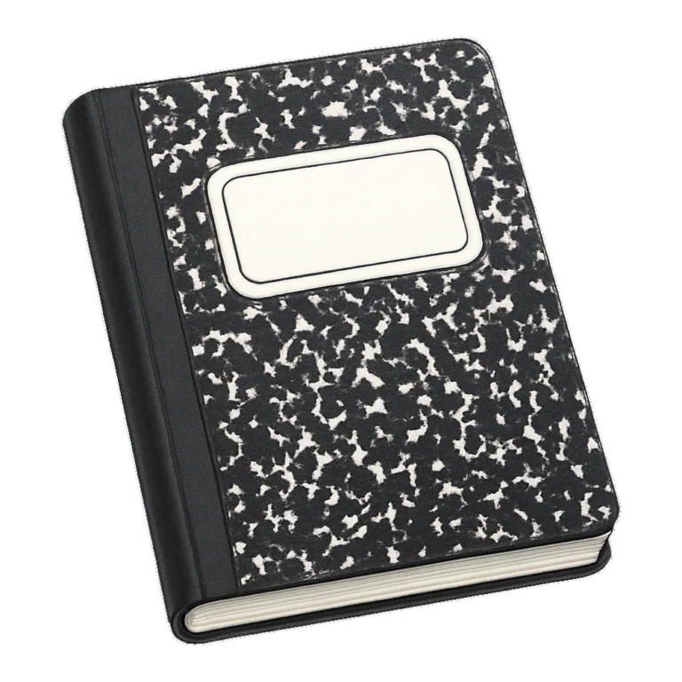 Composition notebook clipart with a black and white marble cover, shown at an angle