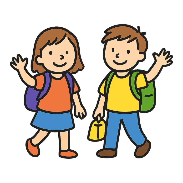 Back to school clipart of two kids walking with backpacks and waving