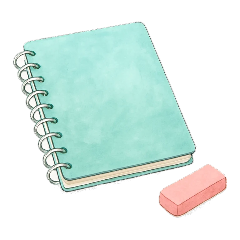 Notebook clipart in watercolor of a spiral notebook with a pink eraser beside it