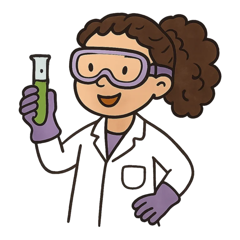Scientist clipart of a girl in a lab coat and goggles holding up a test tube